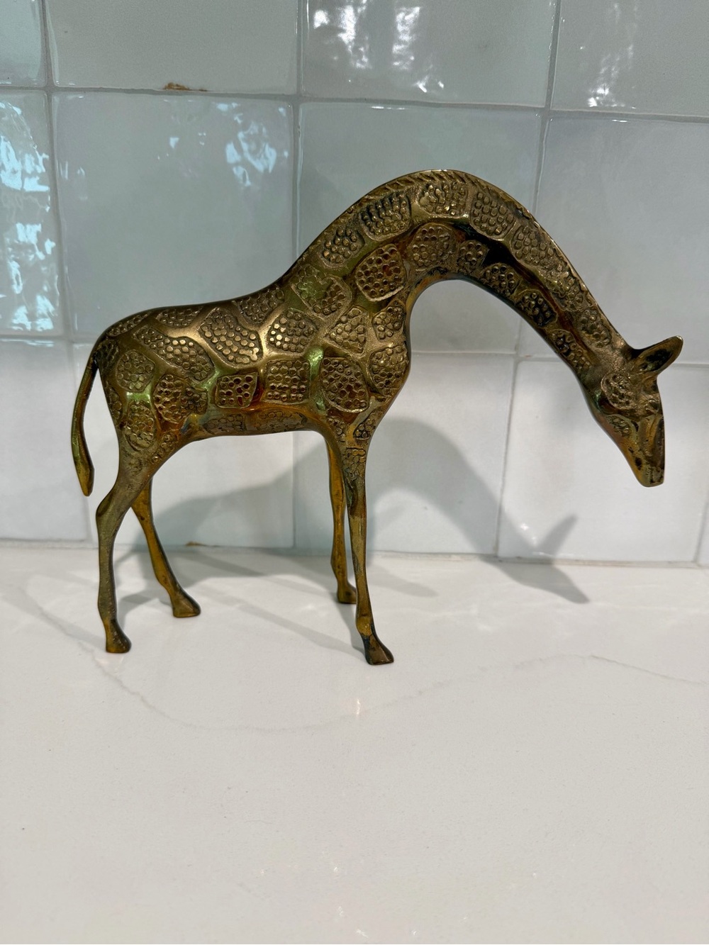Vintage MCM Solid Brass Textured Large Giraffe Figurine 10x9